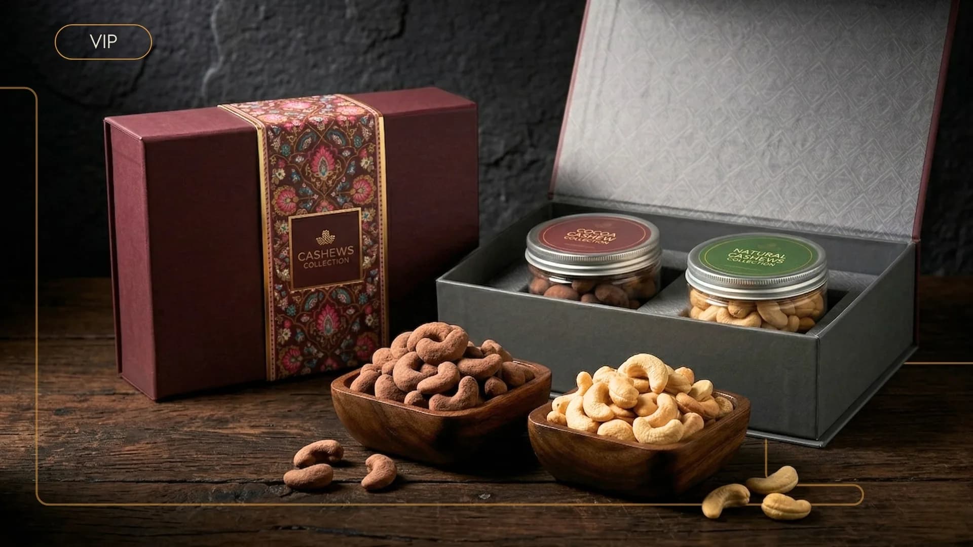 VIP cashew collection gift box with patterned sleeve and two sealed cashew tins