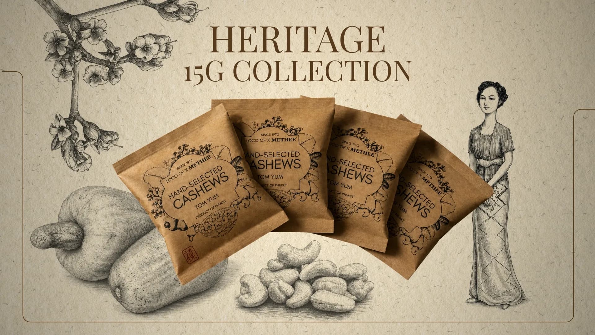 Heritage 15 gram kraft sachets of hand-selected cashews with botanical line illustrations