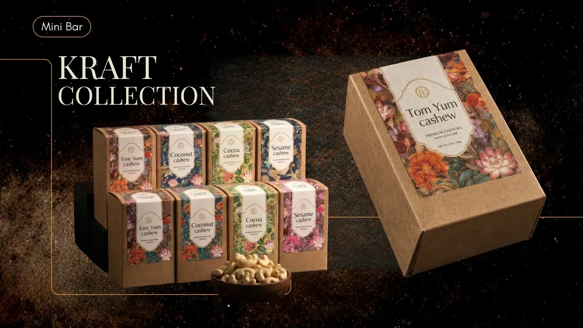 Kraft cashew boxes with botanical labels beside a Tom Yum cashew gift box